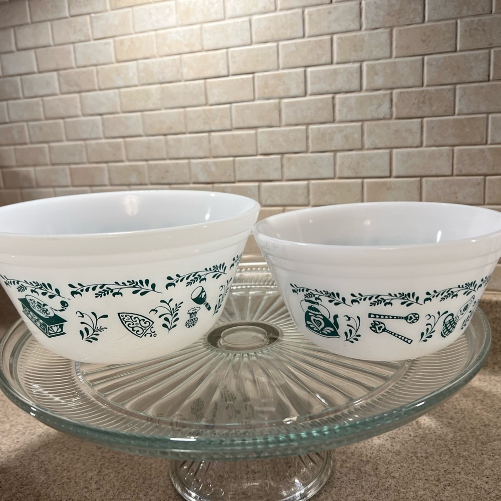 Vintage White and Green Patterned Mixing Bowls